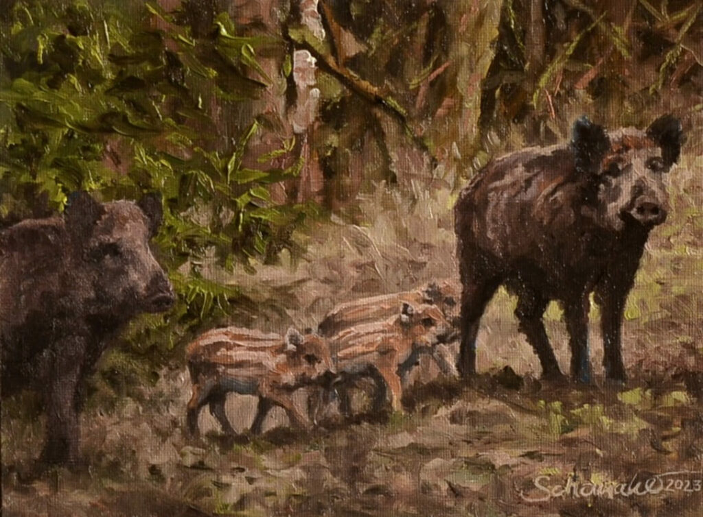 Ölgemälde mit Wildschweinen, Bild mit Bachen und Frischlingen von Philipp Schomaker