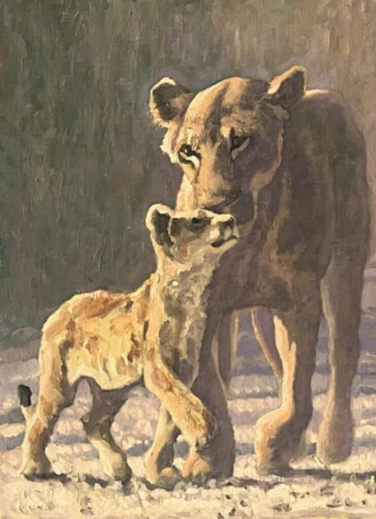 Ölgemälde einer Löwin mit Jungem von Philipp Schomaker